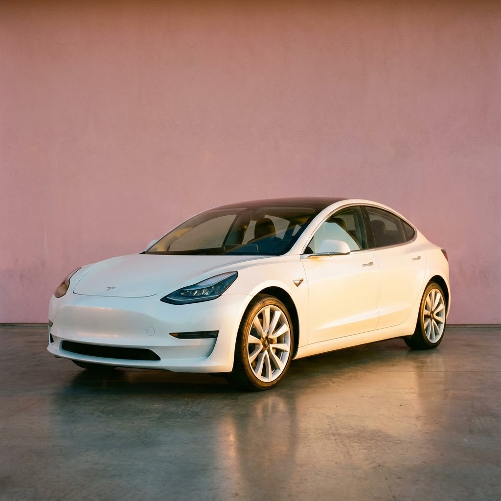 White electric car in a warm studio setting